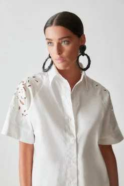 Cotton Poplin Embroidered Short Sleeve Shirt -Natori Sales Shop M85409 WHT 3 95065.1614470356