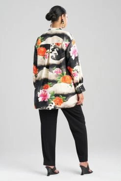 Mayumi Cotton Silk Oversized Half Placket Shirt -Natori Sales Shop Mayumi Cotton Silk Oversized Half Placket Shirt Black Multi by Natori 2 2 15111.1684158240