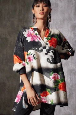 Mayumi Cotton Silk Oversized Half Placket Shirt -Natori Sales Shop Mayumi Cotton Silk Oversized Half Placket Shirt Black Multi by Natori 26346.1686688273