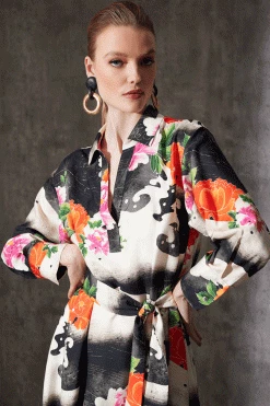 Mayumi Cotton Silk Oversized Half Placket Shirtdress -Natori Sales Shop Mayumi Cotton Silk Oversized Half Placket Shirtdress Black Multi by Natori 3 45996.1686688787