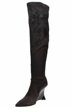 Natsu Satin Embroidered Dragon Stretch Over The Knee Boot