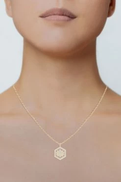 Indochine Spirit 14k Hexagon Frame Lotus Pave Diamond Pendant Necklace -Natori Sales Shop NT FJP0166D YG IJI1I2 1 5 46945.1613091980