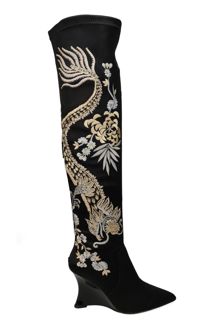 Natsu Satin Embroidered Dragon Stretch Over The Knee Boot 6 Natsu Satin Embroidered Dragon Stretch Over The Knee Boot - Image 6