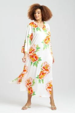 Paradise Peony Zip Caftan -Natori Sales Shop Paradise Peony Zip Caftan White Multi by N Natori 3 90300.1675376501
