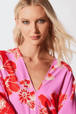 Passion Flower Short Caftan -Natori Sales Shop Passion Flower Short Caftan Pink Red Combo by Natori 2 99665.1675894632