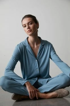 Shangri-La TENCEL™ Long Sleeve Notch PJ 23 Shangri-La TENCEL™ Long Sleeve Notch PJ -Natori Sales Shop Shangri La Long Sleeve Notch PJ Heather Stone Blue by Natori 3 42813.1643817500