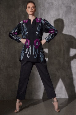 Suzani Jacquard Half Placket Shirt -Natori Sales Shop Suzani Jacquard Half Placket Shirt Black Multi by Natori 2 38180.1686689401