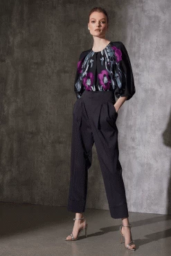 Cotton Chino High Waisted Pleated Pants -Natori Sales Shop Suzani Jacquard Top Cotton Chino High Waisted Pleated Pants Black Multi by Natori 81692.1686689244