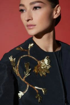 Taffeta Balloon Sleeve Beaded Bomber Jacket -Natori Sales Shop Taffeta Balloon Sleeve Beaded Bomber Jacket Black by Natori 2 27530.1663958062