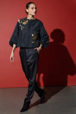 Taffeta Balloon Sleeve Beaded Bomber Jacket -Natori Sales Shop Taffeta Balloon Sleeve Beaded Bomber Jacket Black by Natori 34534.1663958061