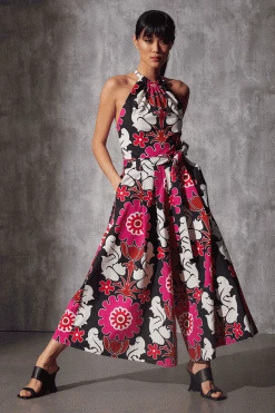 Talitha Cotton Poplin Belted Halter Jumpsuit -Natori Sales Shop Talitha Cotton Poplin Belted Halter Jumpsuit Black Multi by Natori 3 76324.1686689557