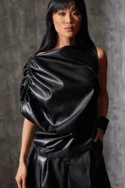 Vegan Luxe Lambskin Drape Top -Natori Sales Shop Vegan Luxe Lambskin Drape Top Black by Natori 32560.1690971651