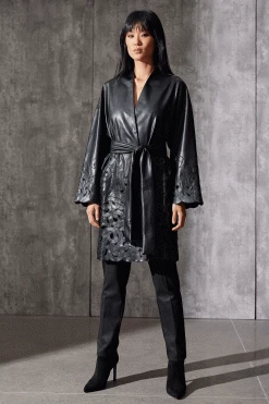 Vegan Luxe Lambskin Embroidered Scroll Coat -Natori Sales Shop Vegan Luxe Lambskin Embroidered Kimono Coat Black by Natori 58344.1690967415