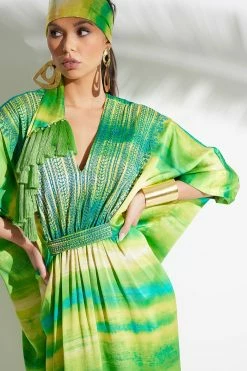 Yoriko Embroidery Silk Caftan -Natori Sales Shop Yoriko Embroidery Silk Caftan Chartreuse by Natori 2 32183.1653501527