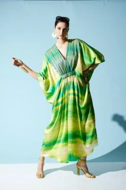 Yoriko Embroidery Silk Caftan -Natori Sales Shop Yoriko Embroidery Silk Caftan Chartreuse by Natori 2 80126.1652961800