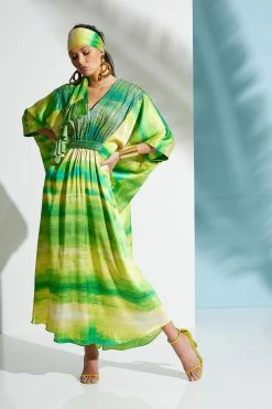 Yoriko Embroidery Silk Caftan -Natori Sales Shop Yoriko Embroidery Silk Caftan Chartreuse by Natori 08669.1653501526