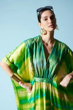Yoriko Embroidery Silk Caftan -Natori Sales Shop Yoriko Embroidery Silk Caftan Chartreuse by Natori 92102.1652961811
