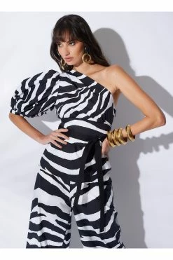 Zebra Cotton Poplin Balloon One Shoulder Top 7 Zebra Cotton Poplin Balloon One Shoulder Top -Natori Sales Shop Zebra Cotton Poplin Balloon One Shoulder Top Pants Obi Belt Black White by Natori 03107.1671039930