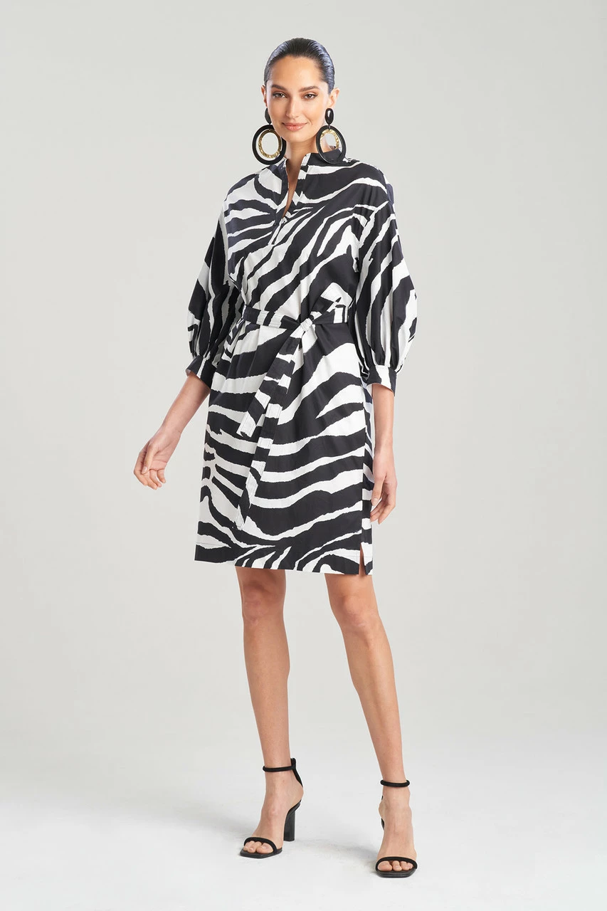 Zebra Cotton Poplin Balloon Sleeve Belted Shirtdress 1 Zebra Cotton Poplin Balloon Sleeve Belted Shirtdress