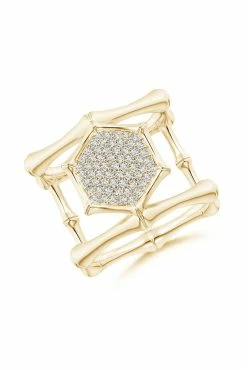 Indochine 14k Pave Diamond Hexagon Center Double Bamboo Band Cocktail Ring
