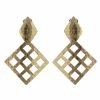 Gold Plated Brass Grid Drop Clip Earrings
