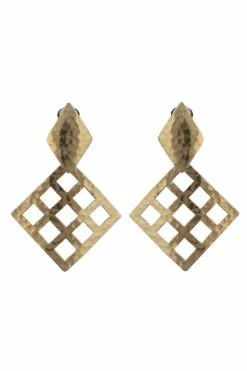 Gold Plated Brass Grid Drop Clip Earrings
