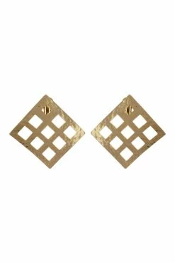 Gold Plated Brass Grid Pendant Clip Earrings